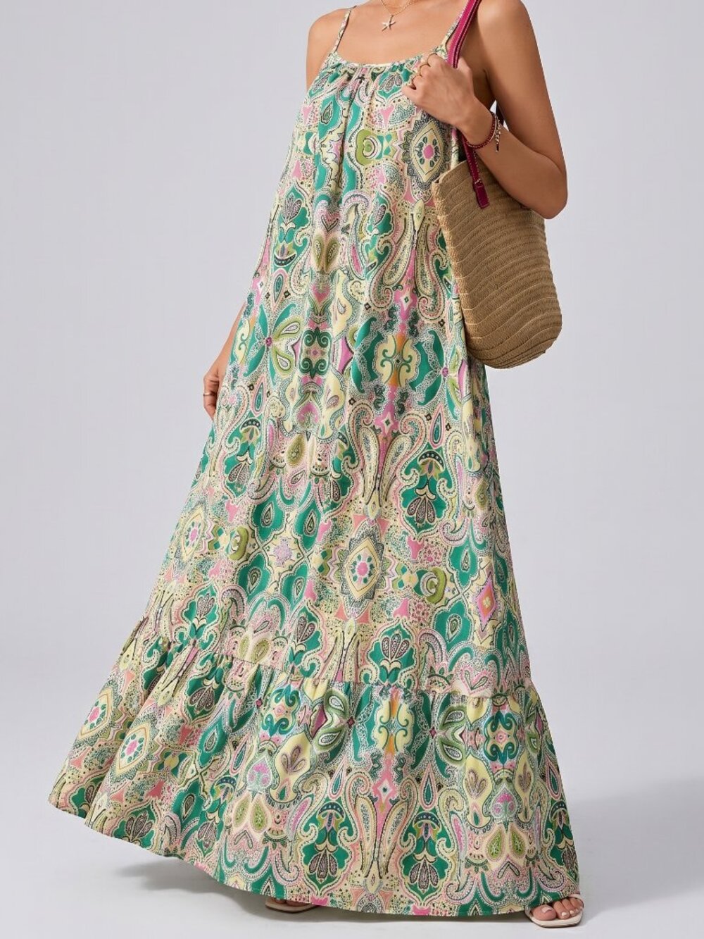 Women's Boho Floral Paisley Maxi Dress Spaghetti Strap Flowy Vacation Resort - Picture 3 of 6